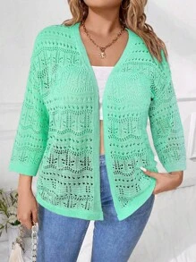 SHEIN LUNE Plus Size Lightweight Open Front Solid Color Casual Loose Cardigans - Mint Green - View 4