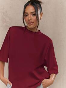 MISSGUIDED Áo thun lặn cỡ lớn có đệm vai chất lượng mềm mại, kiểu dáng hiện đại, trang phục thường ngày mùa thu đông, tối giản, thiết yếu - Màu Đỏ Sâu - Xem 3