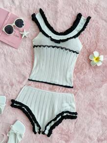 SHEIN ICON Women Contrast Trim Knit Top & Triangular Panties Set - White - View 1