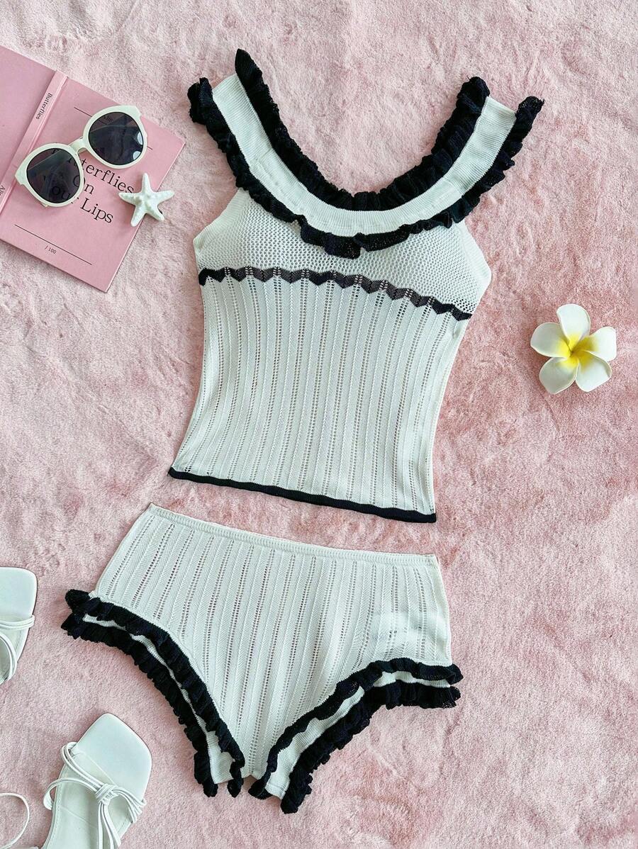 SHEIN ICON Women Contrast Trim Knit Top & Triangular Panties Set - White - View 1