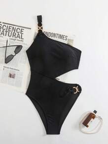 Swim Chiccia Women's Shiny Fabric Halter Neck Solid Splice Casual Beach One Piece Swimsuit, For Summer - Black - View 4