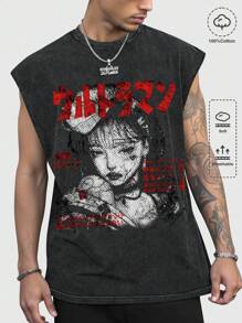 ROMWE MEN Anime Men's Summer Japan Style Figure Print Washed Distressed Sleeveless Top - Black - View 2