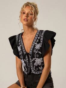 SHEIN Forever 21 Áo ba lỗ thêu tay ngắn mùa xuân mới cho kỳ nghỉ bãi biển dành cho nữ - màu đen - Xem 6