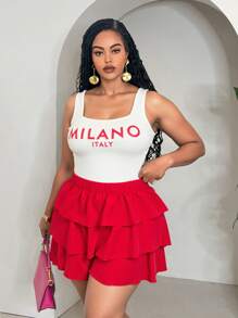 Slaydiva Plus Size Letter Print Tank Top And Loose Layered Ruffle Hem Red Shorts, Casual Daily Wear, Spring/Summer - Red and White - View 3