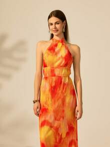 CAJUNI Women's Boho Tropical Tie Dye Print Dress, Casual Summer Beach Hawaii Vacation Sleeveless Backless Dress