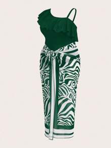 Swim Oasis Plus Size Women's Asymmetric Ruffled Neckline Solid Color One-Piece Swimsuit And Zebra Print Cover Up Skirt - Dark Green - View 3
