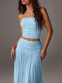 TRNVIE 2pcs/Set Women Vacation Romantic Pink Mesh Bandeau Top And High Waist Ruched Mesh Maxi Skirt, Spring/Summer - Baby Blue - View 4