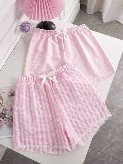 2 chiếc quần short kẻ caro màu hồng và trắng ngọt ngào, thanh lịch, thoải mái, thường ngày cho bé gái tuổi teen, quần short sọc hồng và trắng, bộ đồ ngủ mặc ở nhà