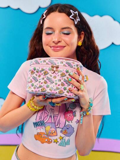 Adventure Time X ROMWE All Over Print Large Capacity Portable Flip-Top Cosmetic Bag