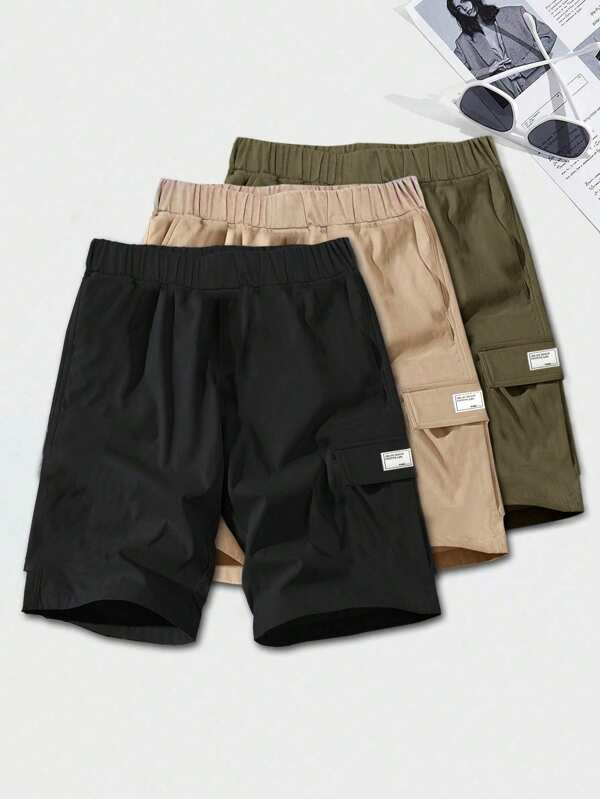 Set de 3 pantalones cortos informales sólidos sueltos tejidos con bolsillos para niños, versátiles y cómodos para uso diario, adecuados para ir y venir, la escuela, el ocio, los viajes, los deportes, primavera/verano/otoño/invierno