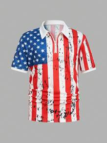 Men's American Flag Print Short Sleeve Casual Commute Polo Shirt - White - View 8