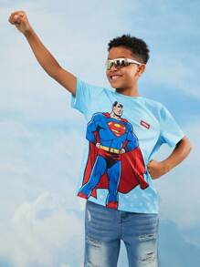 SUPERMAN X SHEIN Tween-Jungen Lässig Street Style Cartoon Held & Buchstaben Polka Dot Muster Kurzarm T-Shirt, Sommer - Blau - Übersicht 5