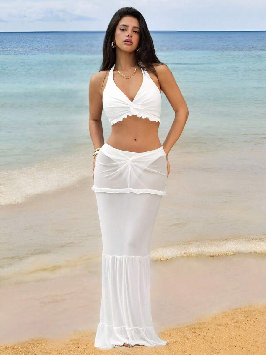 Swim Vcay Bộ 3 món đồ bơi nữ phong cách mới mùa hè màu trắng trơn thắt nút thắt hoa hở ngực hở lưng và váy lưới dài đi biển có dây rút eo Bộ bikini xếp nếp - trắng - Xem 1