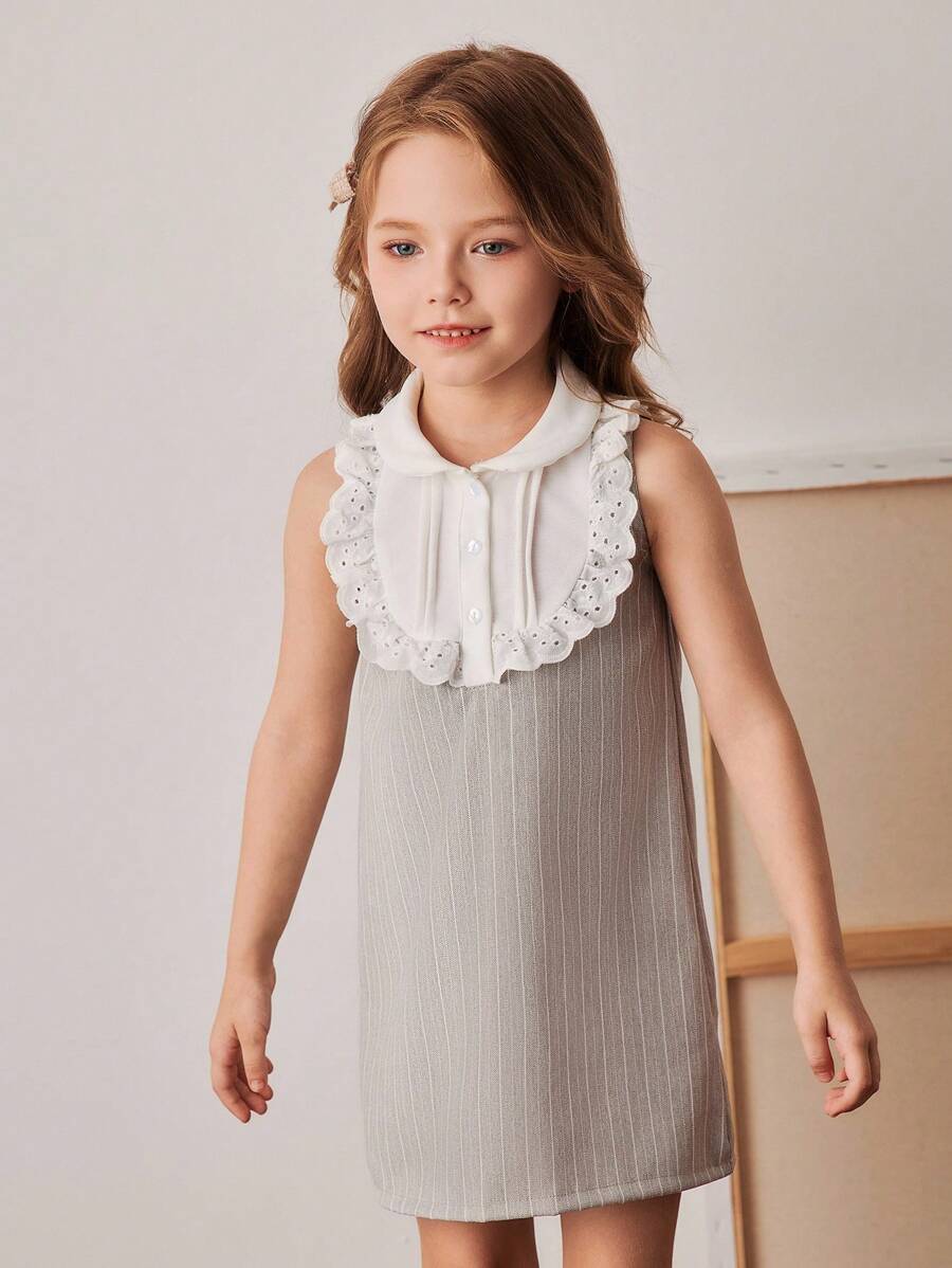PrepCrw Vestido de niña con estilo preparatorio, bloque de color, cuello, botón frontal y sin mangas - Multicolor - Ver 1