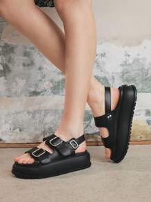 Sugerpunk Women's Gothic Punk Rock Open Toe Roman Beach Sandals, Adjustable Strap Student Wedge Platform Sandals - Black - View 3