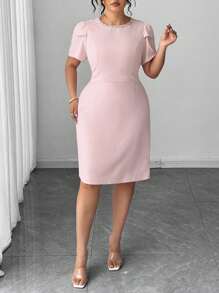 Elenzga Rochie midi elegantă pentru femei, mărime plus, culoare solidă, guler rotund, mânecă bufantă - Roz - Vizualizare 7