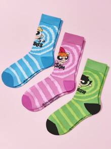THE POWERPUFF GIRLS X SHEIN 3双柔软透气吸湿休闲女士船袜，花朵、泡泡、毛茛图案，时尚可爱，色彩缤纷，加固袜头和袜跟，经久耐穿，四季皆宜，百搭，Y 2 K，情人节礼物 - 彩色 - 查看 6