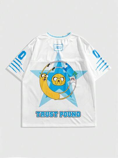 Adventure Time X ROMWE Men's Cartoon And Letter Graphic Pointelle Knit Sports Short Sleeve T-Shirt, Athletic Jersey