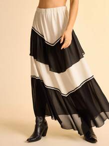CAJUNI Women's Boho Style Summer Vacation Beach Casual Tropical Color Block Long Skirt, Layered Contrast Color Trim Skirt