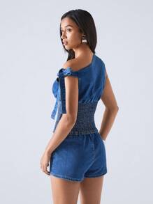 LYSMO 女式夏季露肩上衣和牛仔短裤两件套 - 藍色 - 查看 2