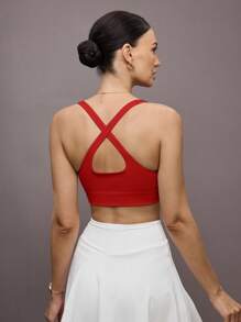Activina Solid Crisscross Back Sports Bra - Red - View 5