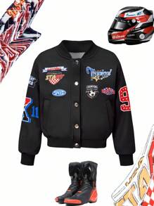 Tween Girl Black Letter Print Baseball Jacket, Short Bomber Coat - Black - View 3