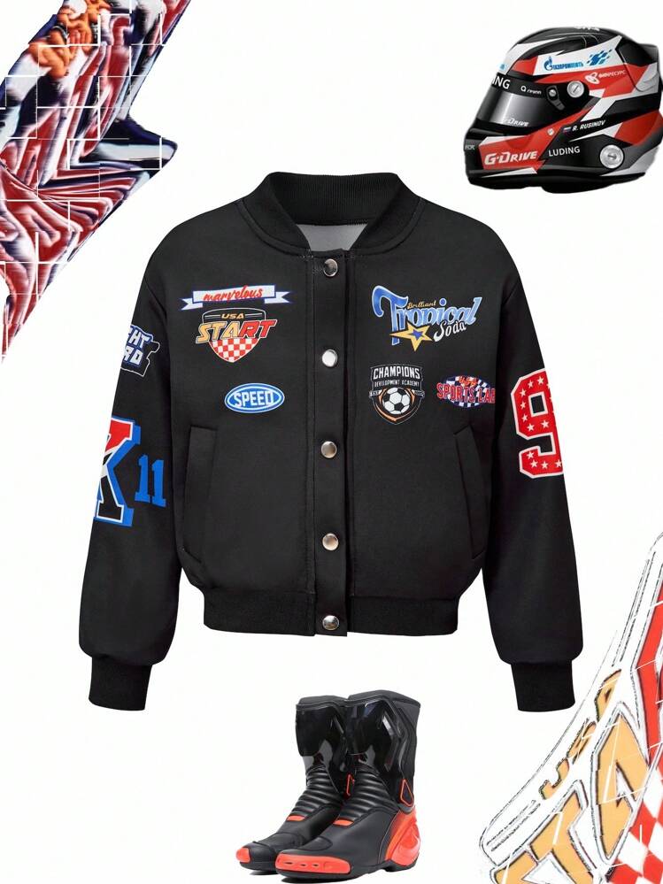 Chaqueta béisbol con estampado de letras negras para niña preadolescente, abrigo corto tipo bomber - Negro - Añade 3