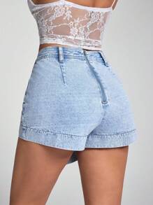 Jeanoix 浅色不对称贴袋水洗牛仔短裙 - 淺色水洗藍 - 查看 2