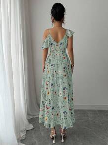 Elenzga Women's Asymmetric Ruffle Hem Floral Print Vacation Dress - Mint Green - View 2