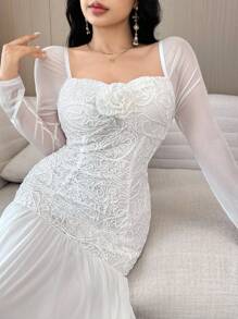Feyla Women 3D Floral Decor Mesh Insert Long Sleeve Elegant Mid-Length Dress - White - View 6