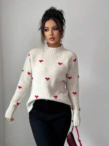 Franclia Women's Solid Color Heart Jacquard Knit Pullover Sweater