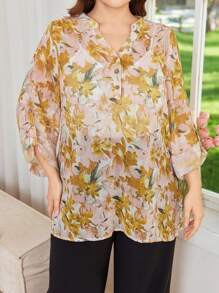 Lacomfia 2 Pieces Plus Size Holiday Casual Floral Allover Print Shirt And Pants Set Fall Cloth For Women