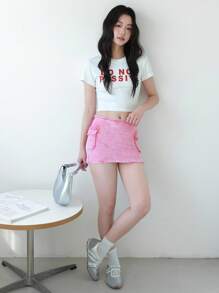 SHEIN EZwear Minifalda de mezclilla para mujer, ajustada y sexy en color rosa, ideal para graduación, vacaciones, conciertos de música country, conciertos, cruceros, estilo "old money" para mujer, salidas, festivales, vacaciones, cumpleaños, veranos lindos - Rosa - Ver 4