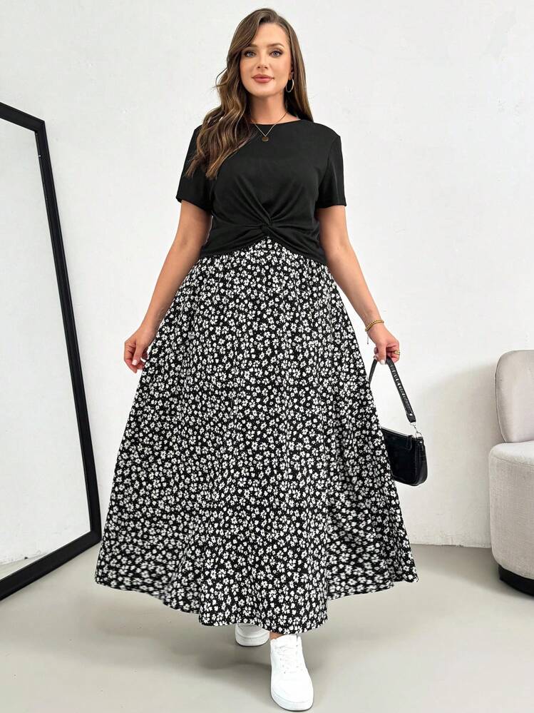 SHEIN Essnce Conjunto de dos piezas de verano para mujer talla grande, conjunto de manga corta, conjunto de falda estampada de dos piezas, conjunto casual y cómodo para mujer talla grande, ropa de mujer estampada, conjuntos de verano para mujer, conjuntos de salón para mujer, conjunto de dos piezas para vacaciones, conjunto de 2 piezas de verano, conjuntos de verano para mujer - Negro - Añade 7