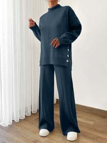 EURMUSE Women Asymmetrical And Button Detailed Hem High Neck Sweater And Sweater Pant Two Pieces Outfits Co-Ords,Loungewear Set,Petite,Winter Clothes - Navy Blue - View 6