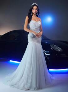 Glamrae Váy cưới đuôi cá lưới mỏng đính hoa lãng mạn màu trắng thanh lịch có eo nhún bèo, đuôi dài, thích hợp cho đám cưới, nhà thờ, lễ cưới ngoài trời - trắng - Xem 8