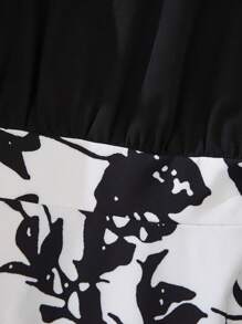 SHEIN Rosurelle 夏季优雅荷叶边袖撞色印花连衣裙 - 黑與白 - 查看 5