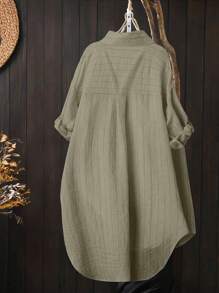 Linhara Áo sơ mi kẻ sọc rộng rãi cài khuy đơn cổ bẻ cho nữ cỡ lớn - xanh quân đội - Xem 2