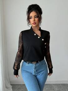 Gloray 女式立领 V 领运动衫，金属纽扣装饰，袖子拼接和向日葵网眼插片，毕业典礼、教师、返校套头衫秋季 - 黑色 - 查看 3