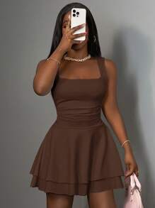 Slaydiva 女士休闲基本款甜美褶饰方领 A 字短裙，夏季 - 棕色 - 查看 6