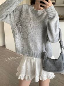SHEIN Teen Girls Floral Pattern Solid Color Crew Neck Sweater, 3D Flower Decor, Suitable For Winter, Halloween Fall - Light Grey - View 5