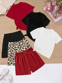 3 件套女童休闲时尚豹纹心形彩色字母标语图案印花 T 恤和短裤套装，夏季 - 彩色 - 查看 2