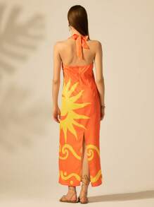 CAJUNI 女式夏季度假海滩休闲热带波西米亚风格橙色波浪印花露背中长连衣裙 - 彩色 - 查看 2