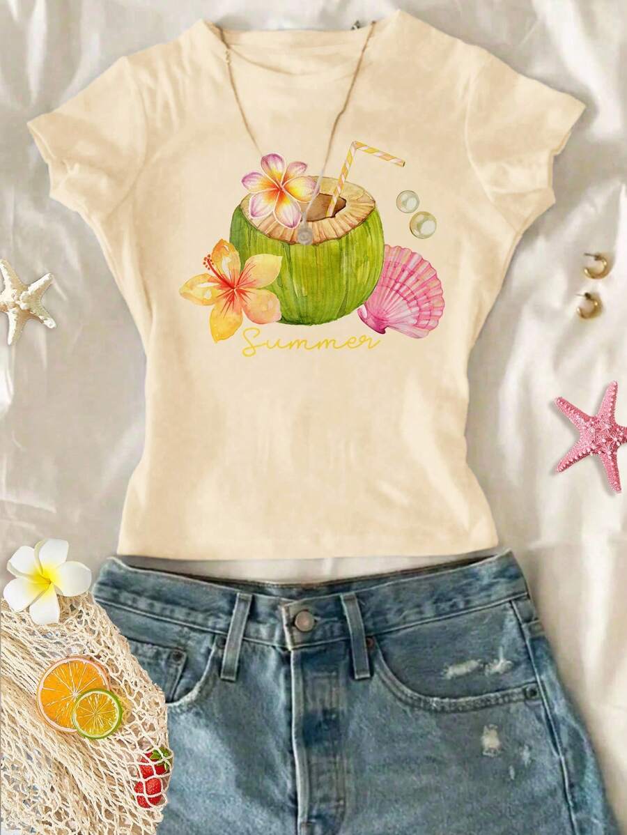 SHEIN Chill Vacation 热带花卉、椰子、贝壳、珍珠图案奶油黄色青少年女孩修身休闲舒适圆领长袖 T 恤，适合夏季度假、居家、旅行、度假氛围 - 彩色 - 查看 1