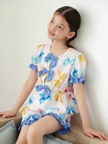 2pcs Tween GirlsButterfly Print Puff Sleeve Blouse And Ruffle Hem Shorts Summer Holiday Outfit - Blue - View 3