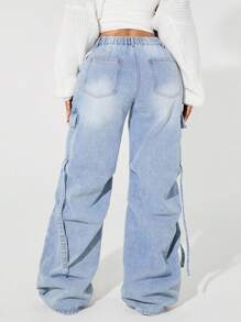 SHEIN ICON 大码褪色简约日常牛仔裤 - 藍色 - 查看 4