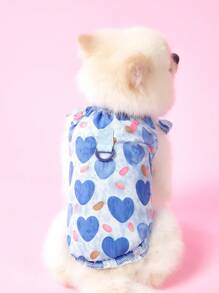 PETSIN Blue Heart Pattern Puff Sleeve Lightweight Breathable Blouse, Cute Lady Style Suitable For Summer, Pets Wear Or Outdoor Use, European And American Popular Design - Blue - View 2