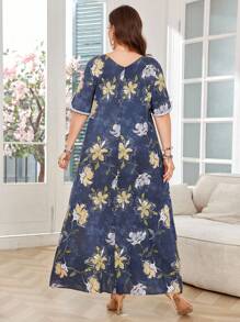 Lacomfia Vestido holgado de estilo árabe de media manga con escote de corazón y estampado floral para mujer de talla grande