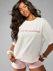 MISSGUIDED Lässiges Sommer-Statement-T-Shirt mit Western-inspiriertem Motiv "Cool It Cowboy" in Oversize-Passform - Weiss - Übersicht 5