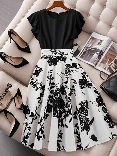 Franclia Summer Elegant Ruffle Sleeve Contrast Color Print Dress